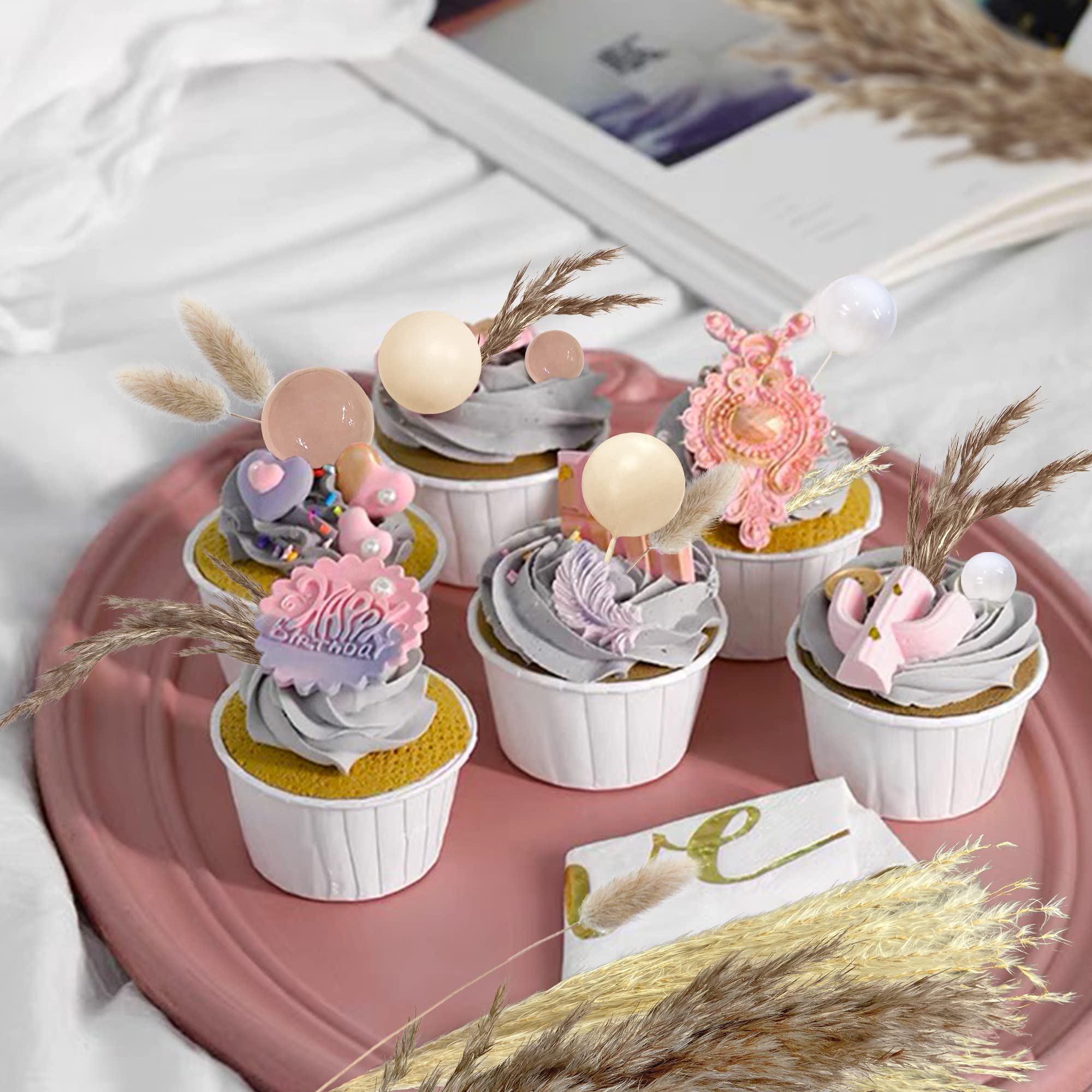 50 Pcs Boho Cake Toppers Mini Balls Cake Topper Various Dried Pampas Grass Cake Decor For Boho Home Wedding Cake Decoration (Whi